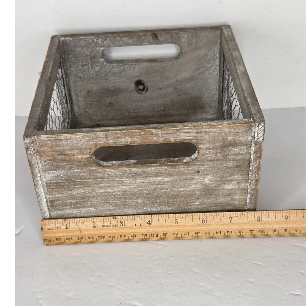 Rustic Farmhouse Beige Grey Wood Crate with Chicken Wire Mesh Sides and Handles